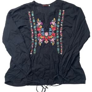 Johnny Was Floral Embroidered Black Long Sleeve Tunic Top Sz Small Women's